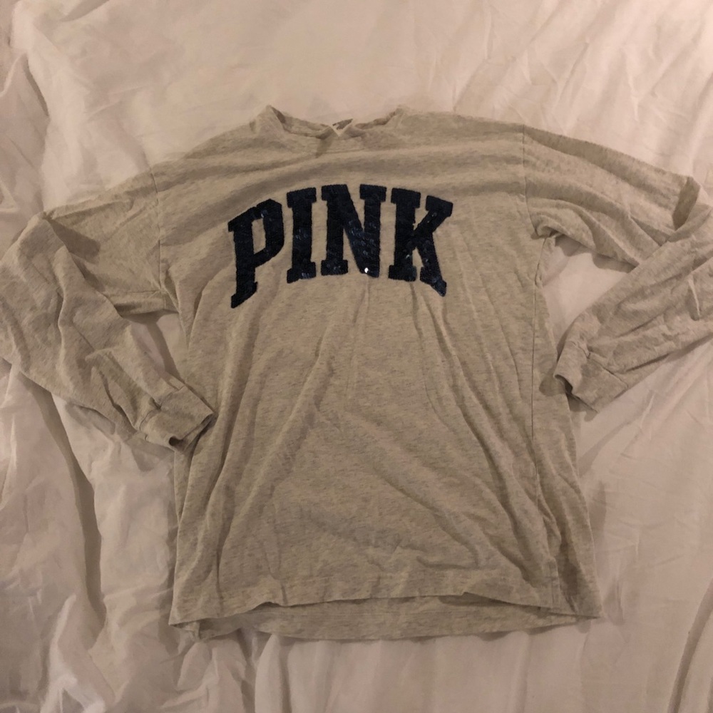 PINK varsity tee with blue sequins